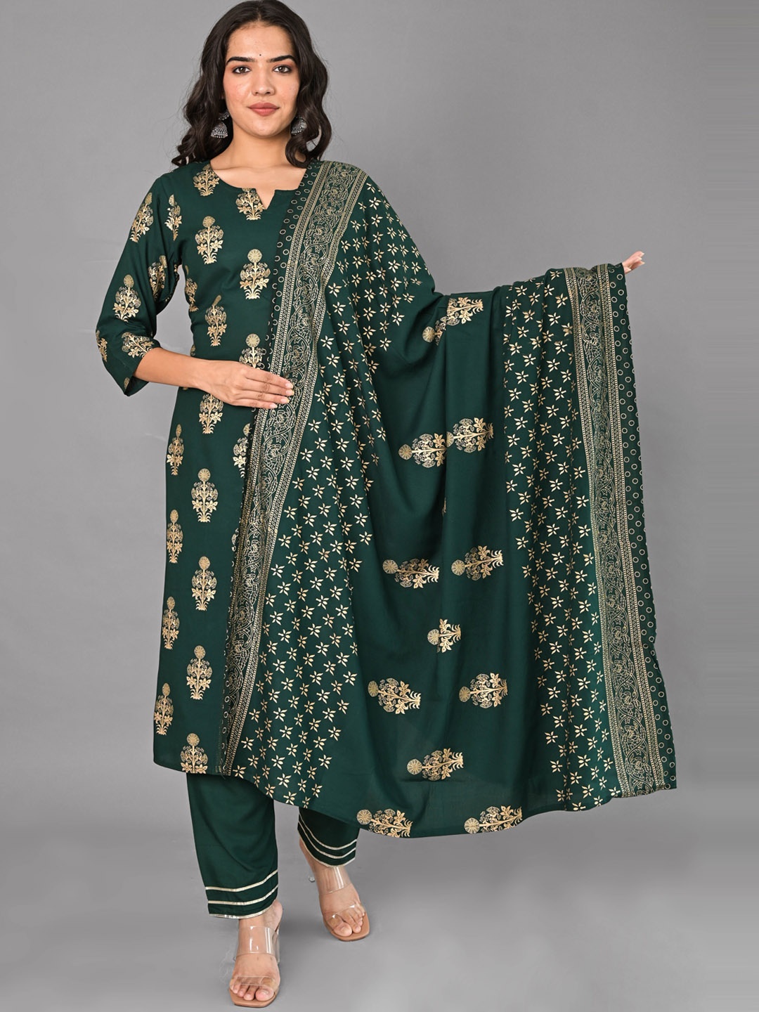 

KALINI Floral Woven Design Regular Kurta with Trousers & With Dupatta, Green