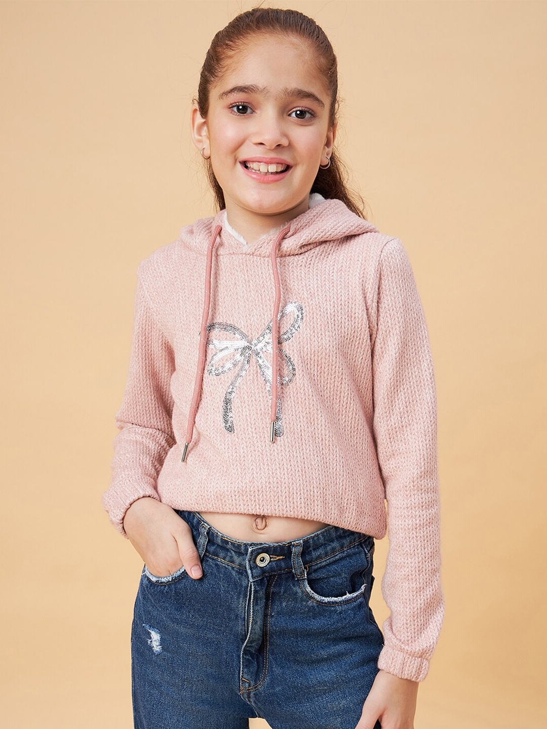 

Ben & Joe Girls Self Design Hooded Sweatshirt, Pink