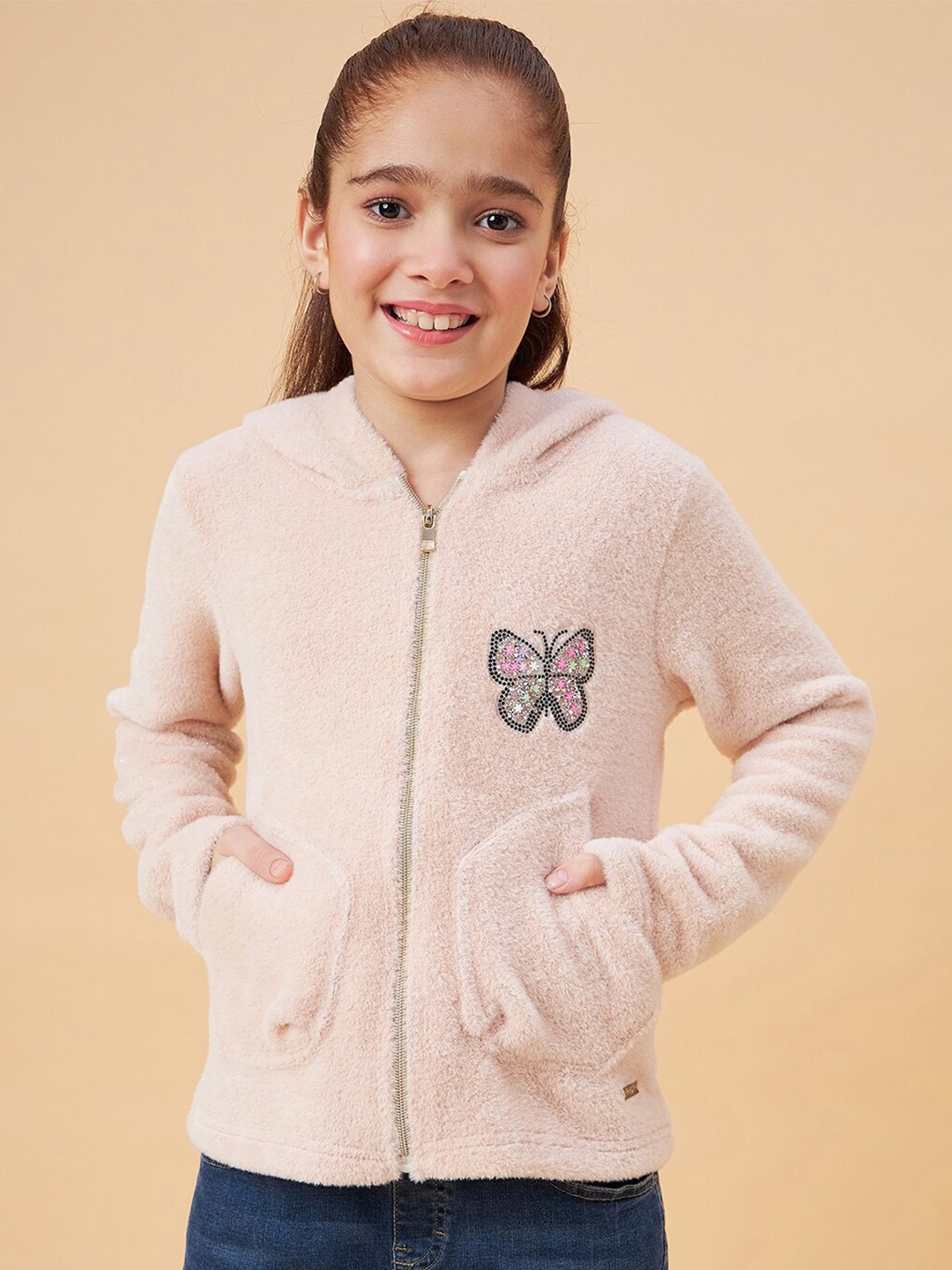 

Ben & Joe Girls Self Design Hooded Front-Open Sweatshirt, Pink