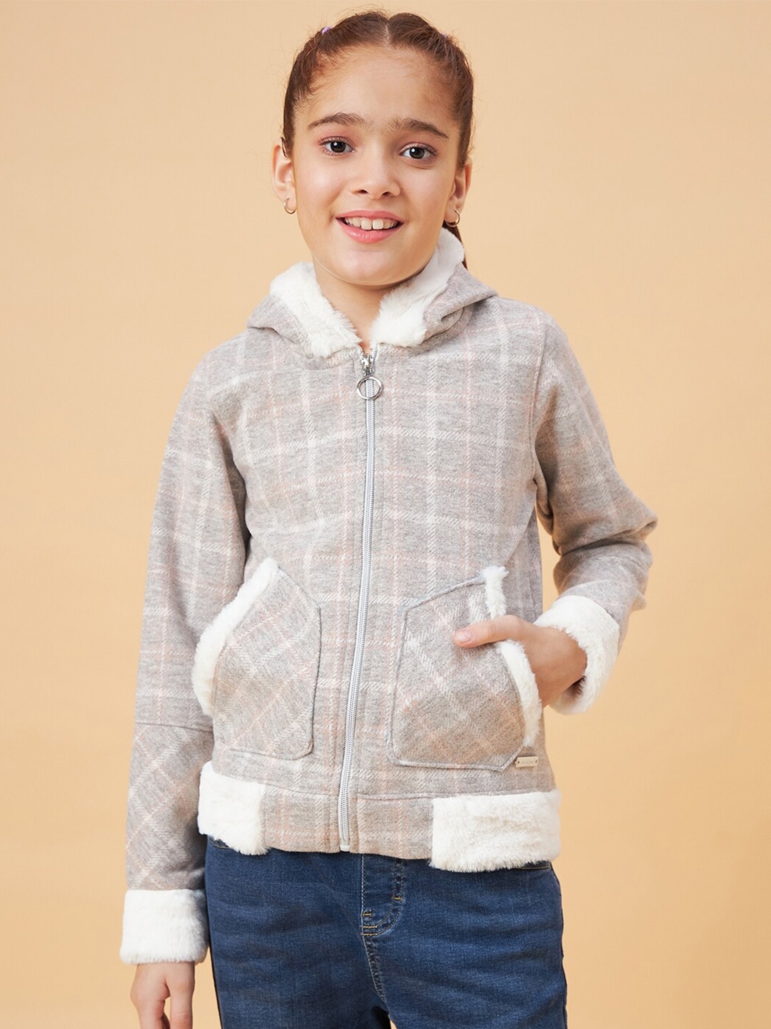 

Ben & Joe Girls Checked Hooded Front-Open Sweatshirt, Pink