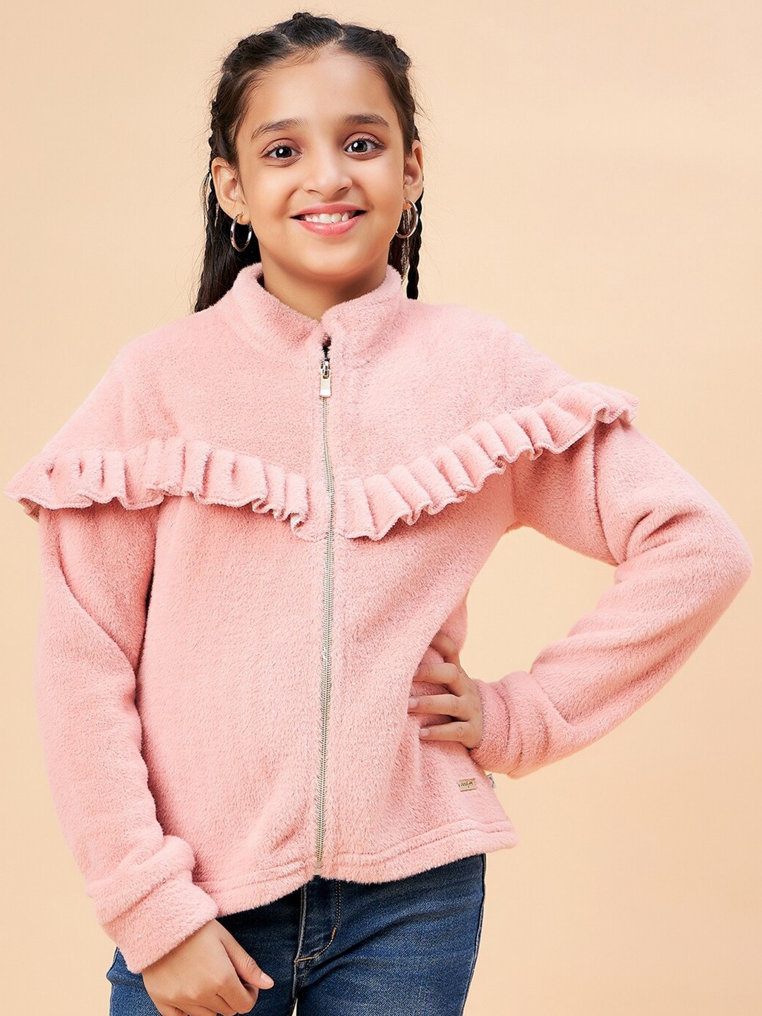 

Ben & Joe Girls Pleats Detail Front Open Fleece Sweatshirt, Rose