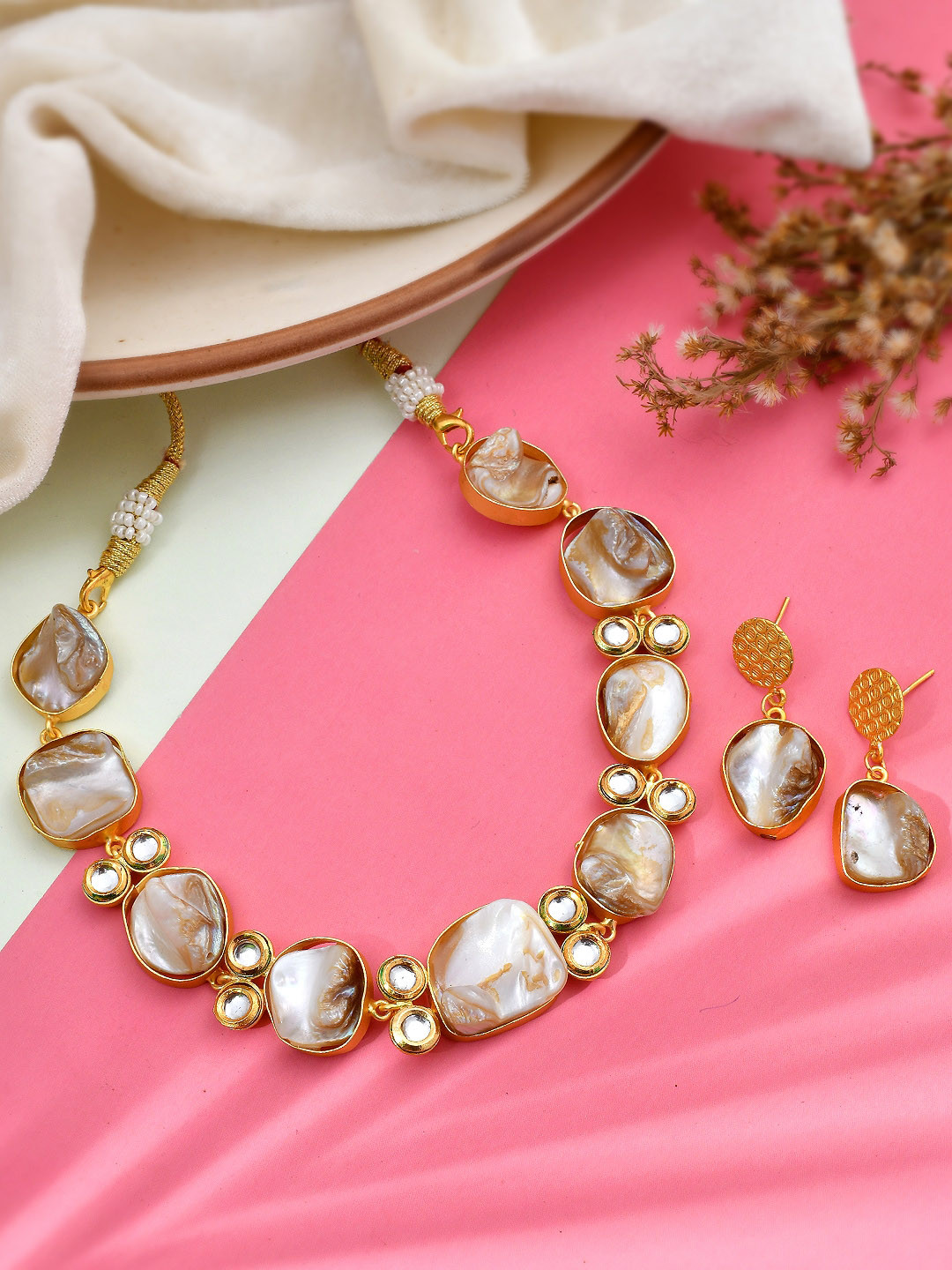 

Sanjog Stone Studded Beaded Gold Plated Choker Statement Jewellery Set