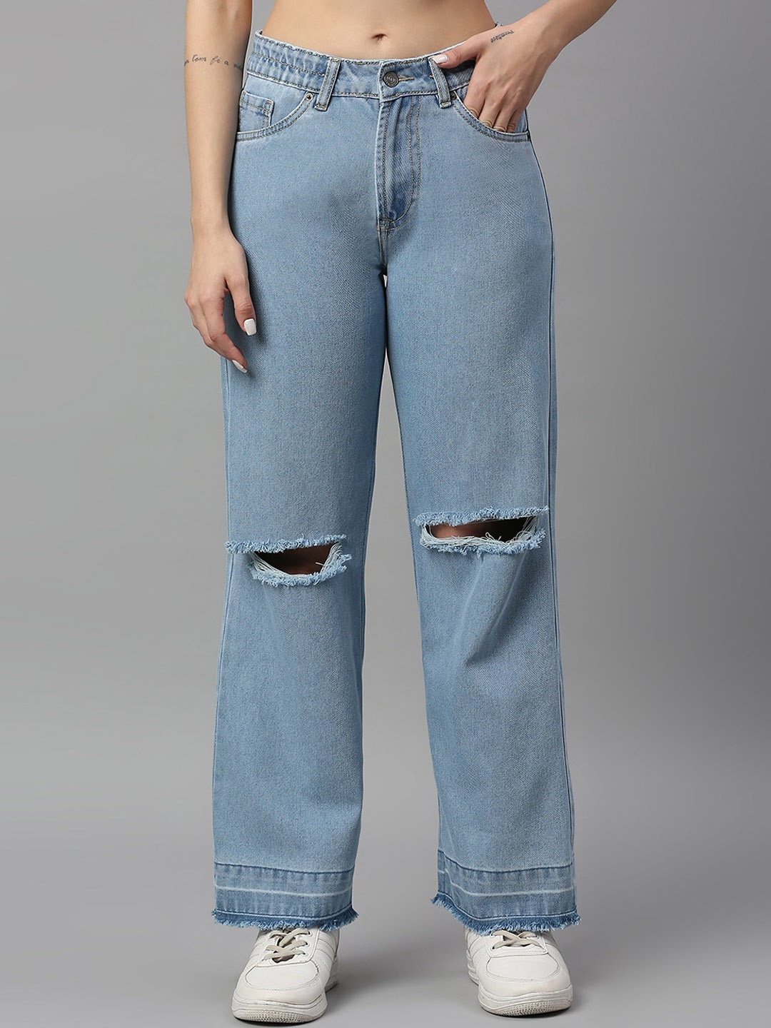 

TARAMA Women Cotton Wide Leg High-Rise Slash Knee Jeans, Blue