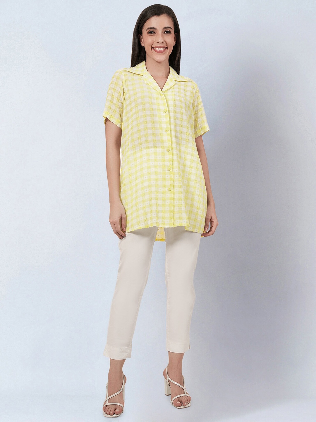 

First Resort by Ramola Bachchan Relaxed Checked Notch Lapel Collar Georgette Casual Shirt, Yellow