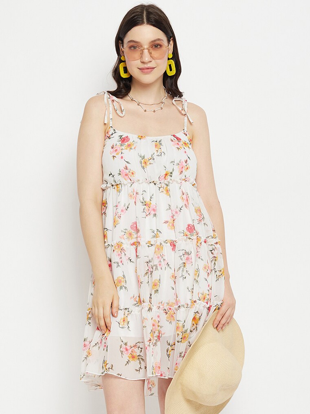 

Bitterlime Floral Printed Shoulder Straps Gathered or Pleated Georgette Fit & Flare Dress, White
