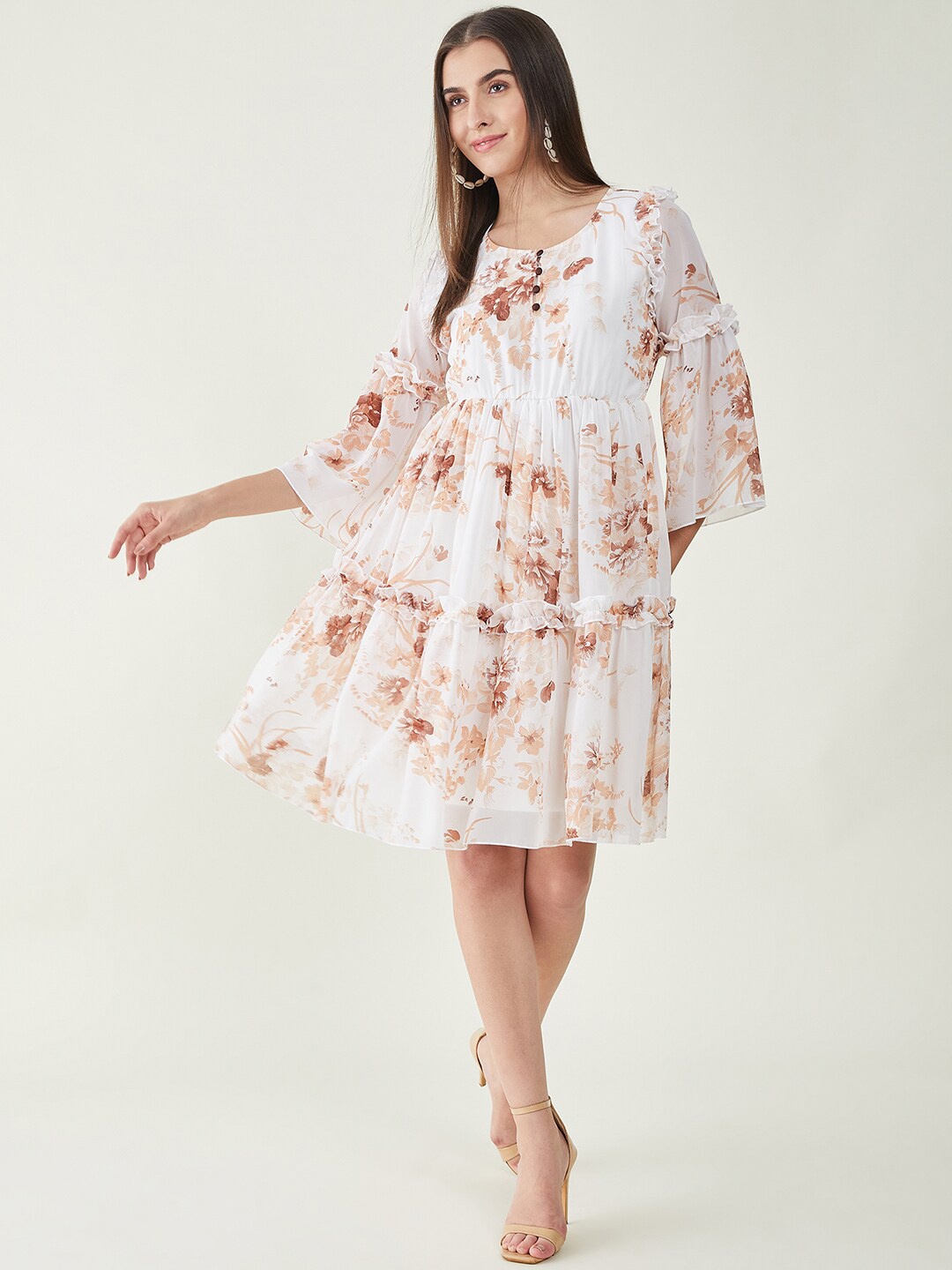 

Bitterlime Floral Printed Bell Sleeves Ruffled Georgette Fit and Flare Tiered Dress, White