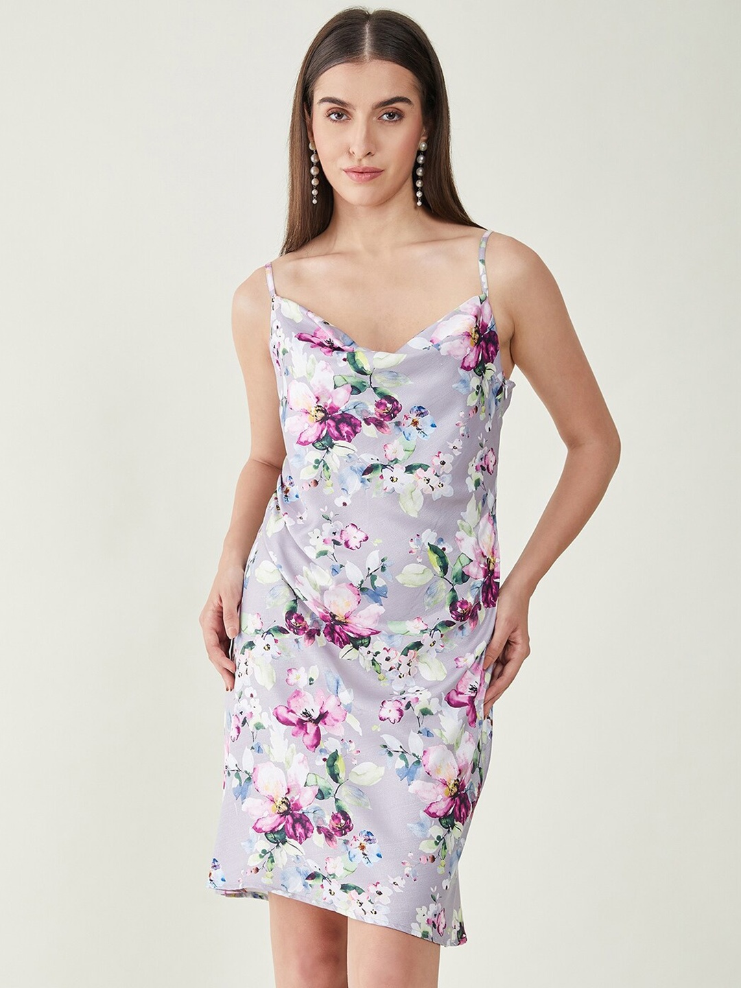 

Bitterlime Floral Printed Shoulder Straps Sheath Dress, Grey