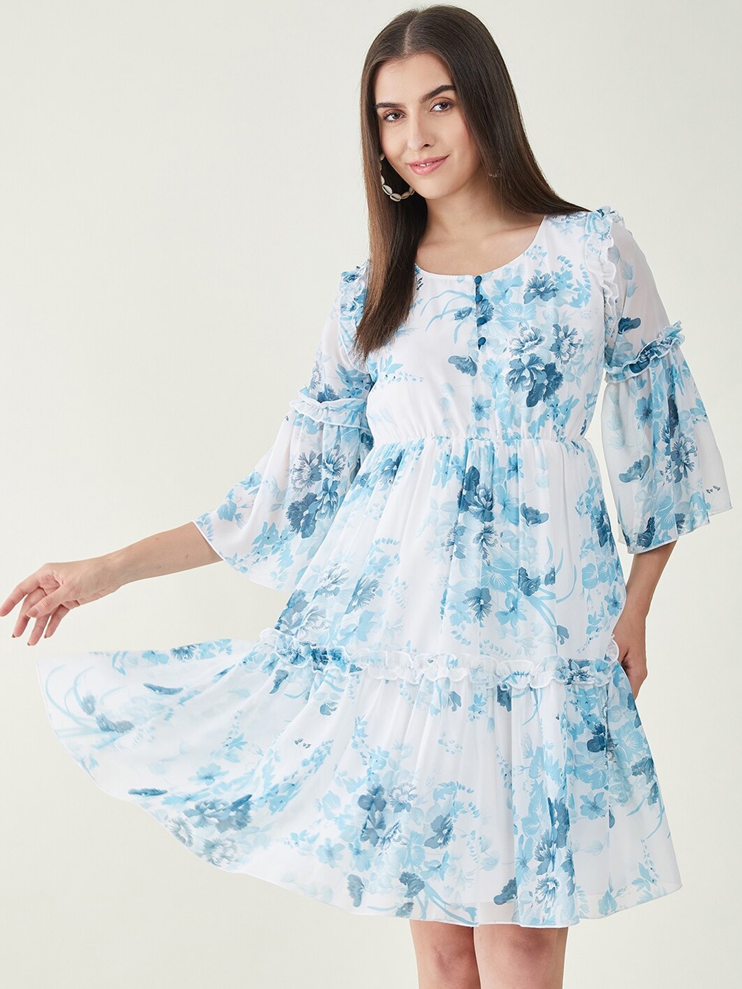 

Bitterlime Floral Printed Bell Sleeves Ruffled Detail A-Line Dress, White
