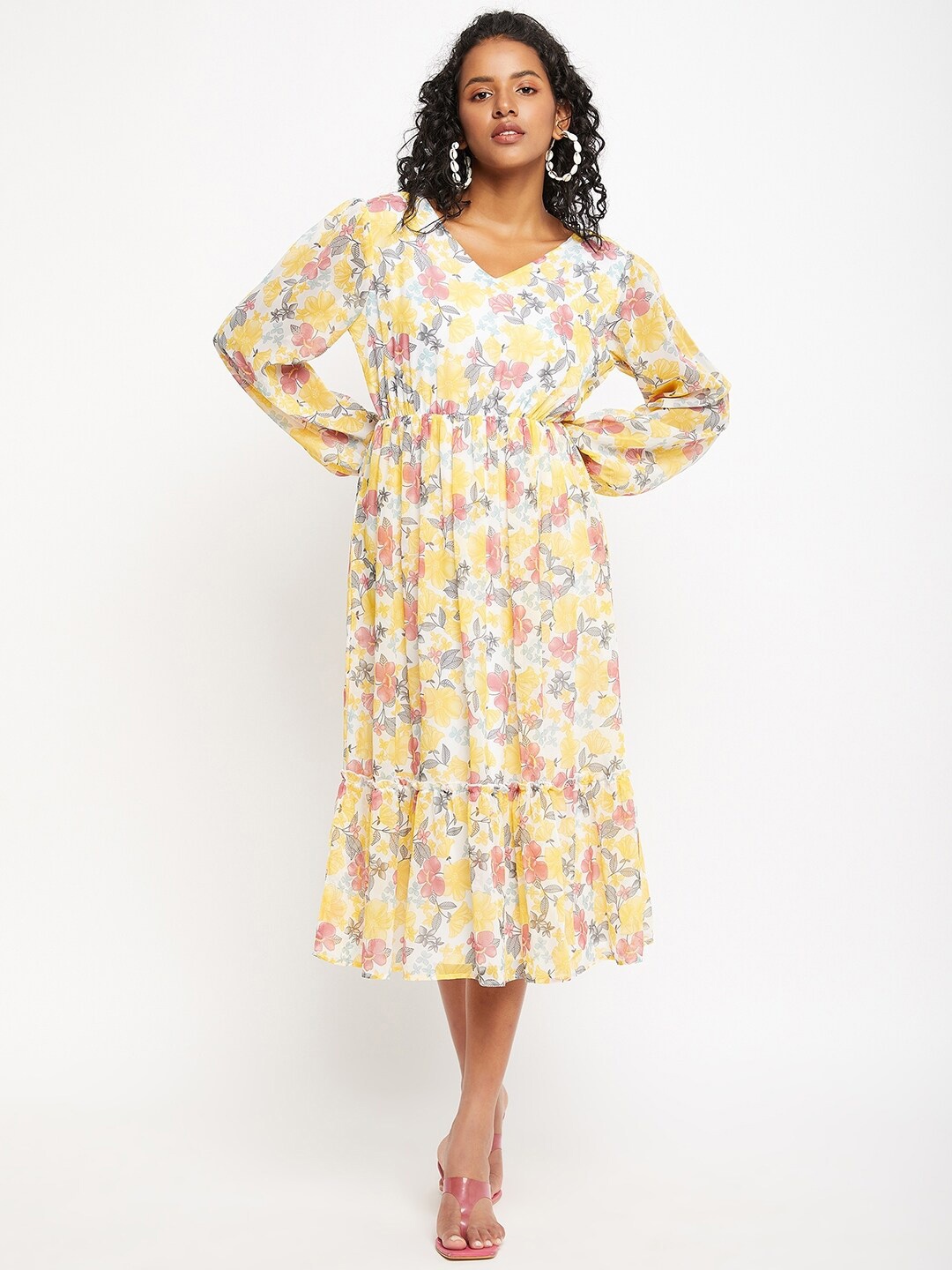 Bitterlime Floral Printed Puff Sleeves Georgette A-Line Midi Dress, Yellow