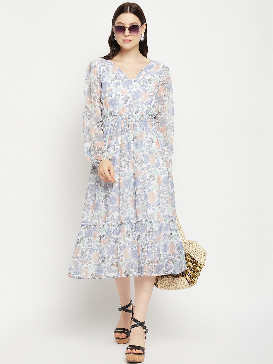 

Bitterlime Floral Print Puff Sleeve Georgette Fit & Flare Midi Dress, White