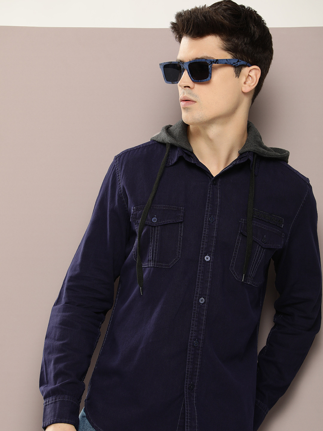 

Kook N Keech Men Opaque Hooded Pure Cotton Casual Shirt, Navy blue