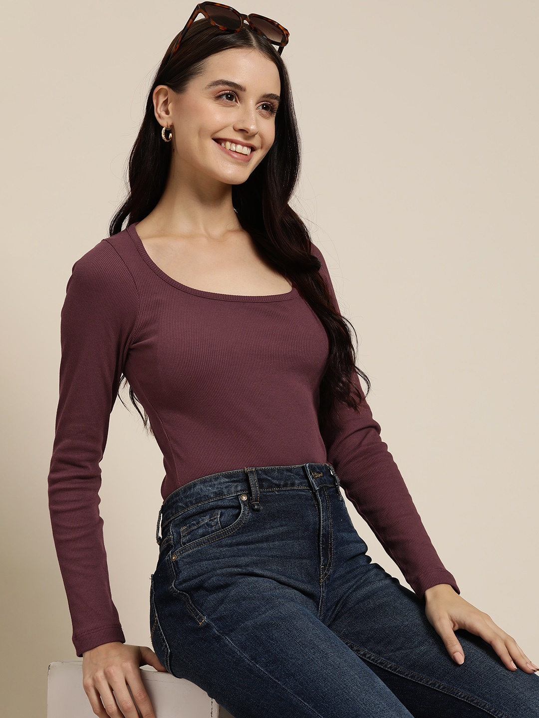 

HERE&NOW Long Sleeves Cotton Top, Burgundy