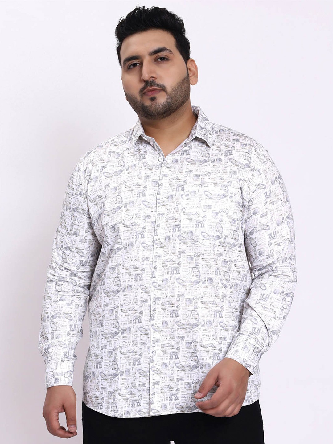 

Toodle Plus Size Comfort Abstract Printed Cotton Satin Casual Shirt, White