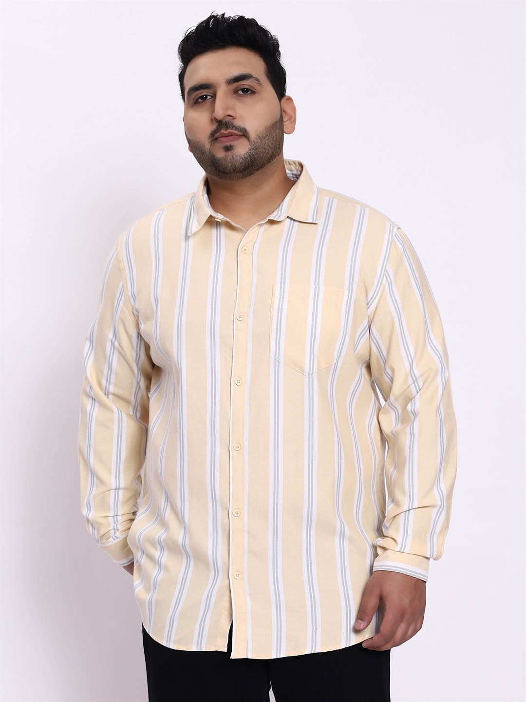 

Toodle Plus Comfort Regular Fit Striped Cutaway Collar Plus Size Cotton Casual Shirt, Taupe