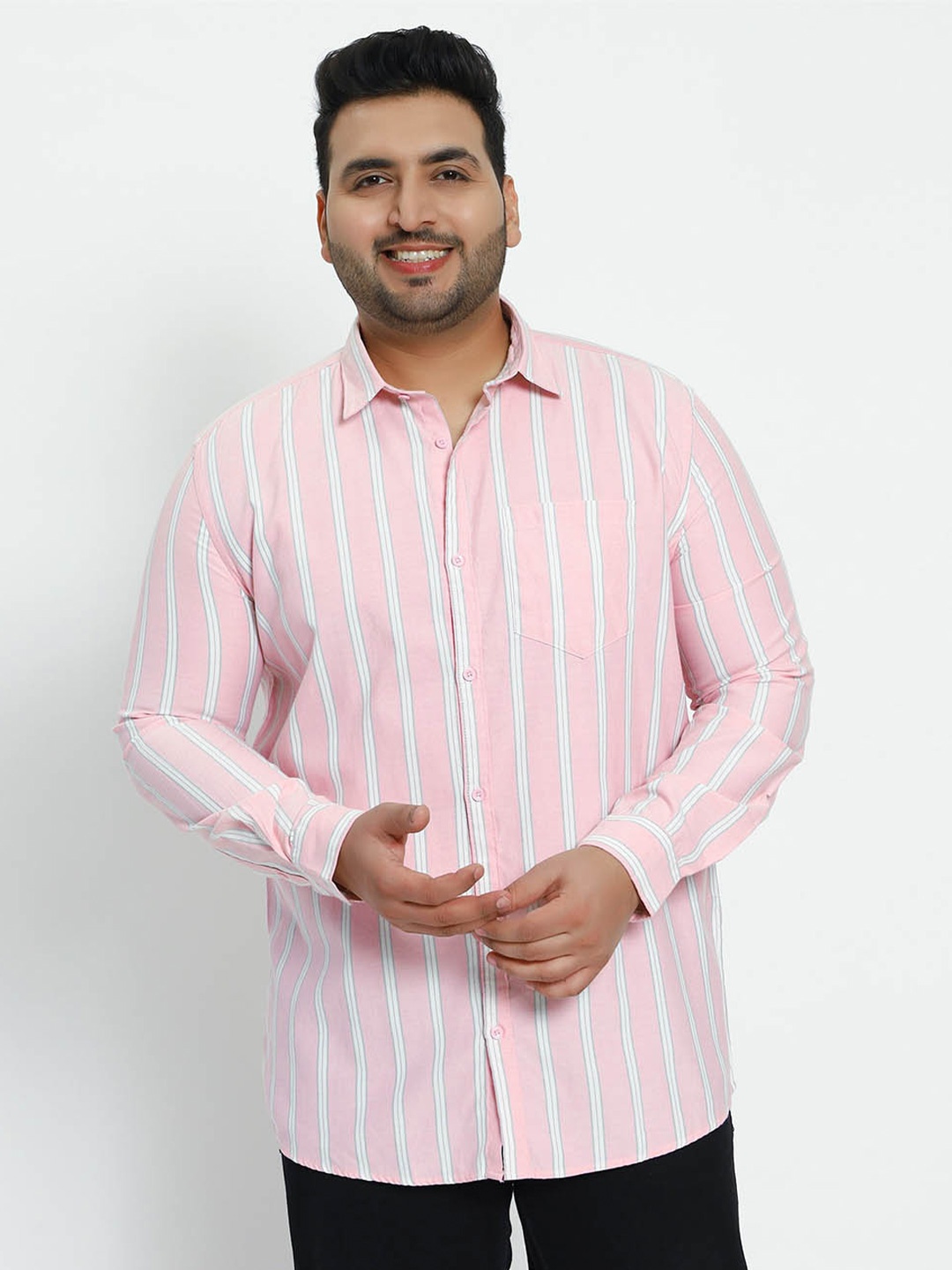 

Toodle Plus Comfort Regular Fit Striped Spread Collar Plus Size Cotton Casual Shirt, Pink