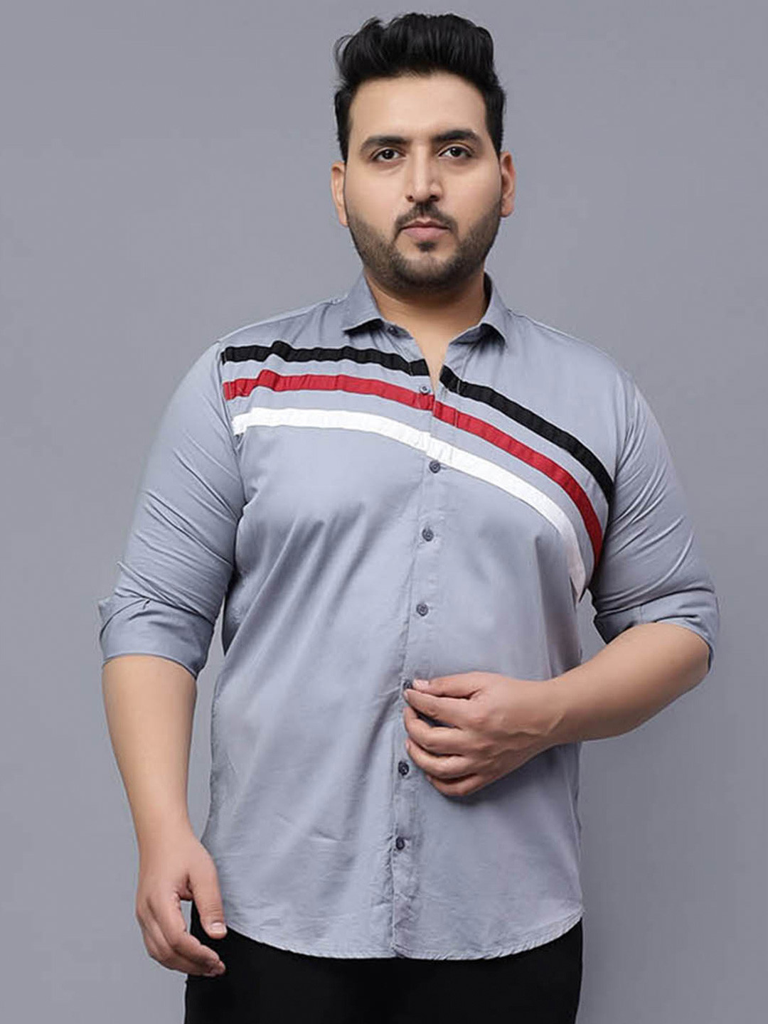 

Toodle Plus Comfort Plus Size Striped Spread Collar Cotton Casual Shirt, Grey
