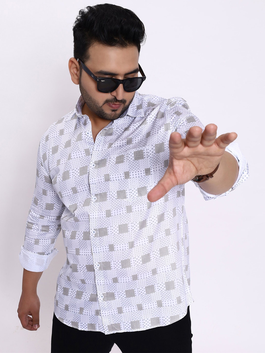 

Toodle Plus Comfort Regular Fit Geometric Print Plus Size Cotton Casual Shirt, White