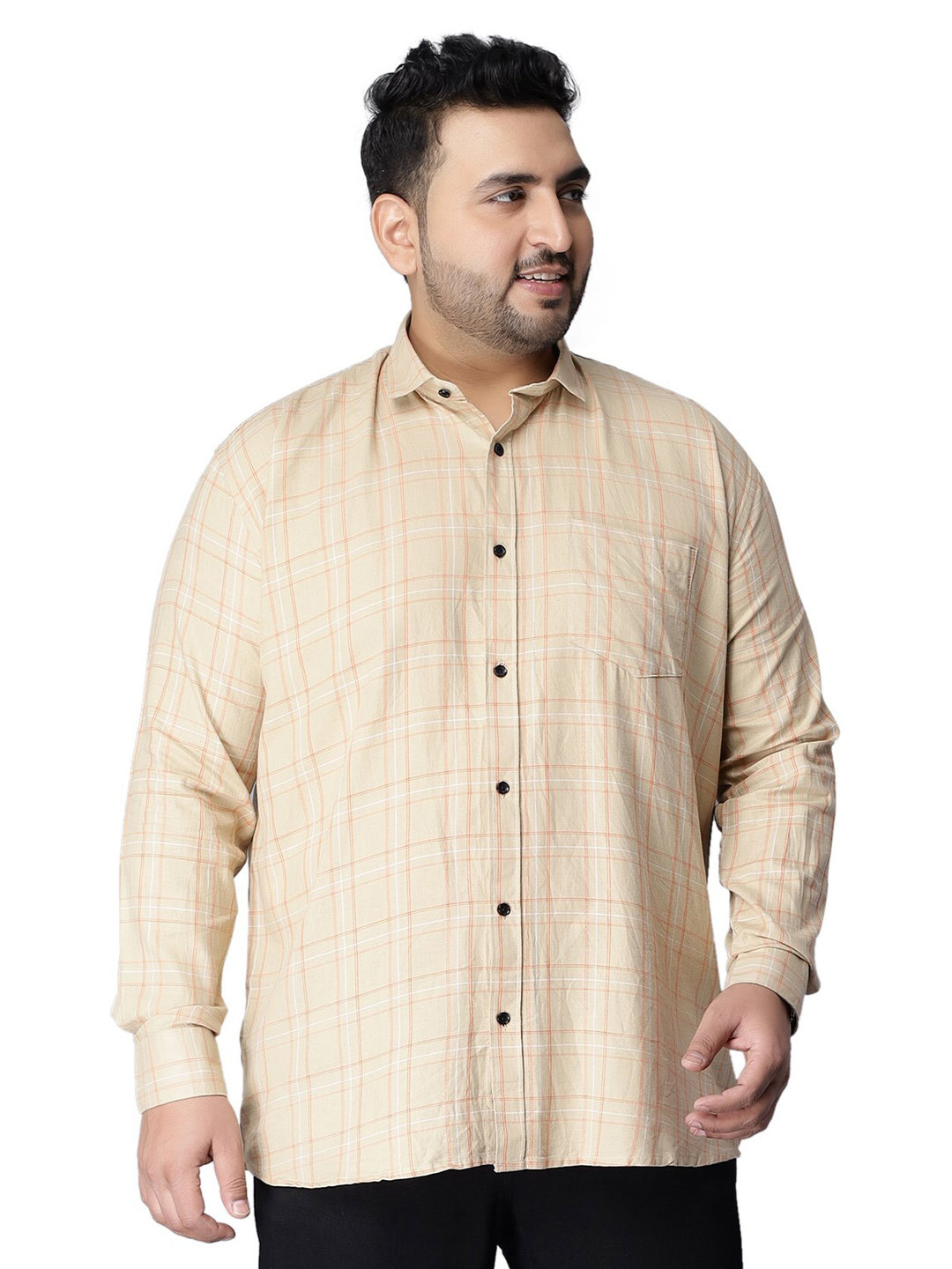 

Toodle Plus Comfort Fit Windowpane Checked Casual Pure Cotton Shirt, Beige