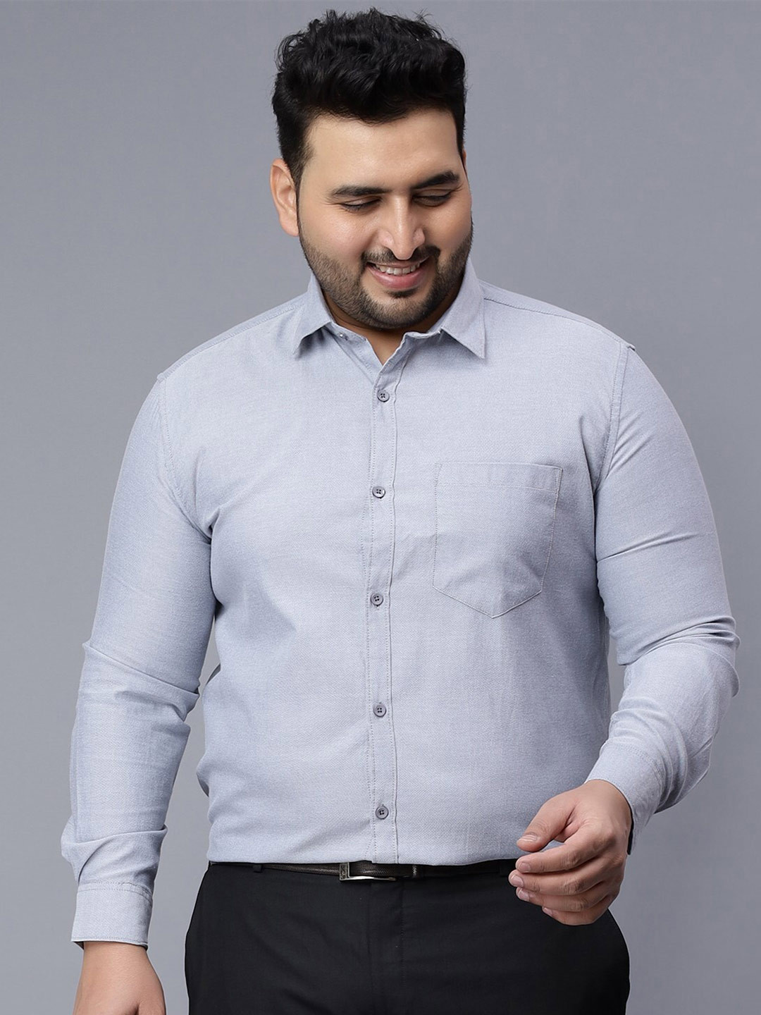 

Toodle Plus Comfort Plus Size Checked Spread Collar Pure Cotton Casual Shirt, Grey