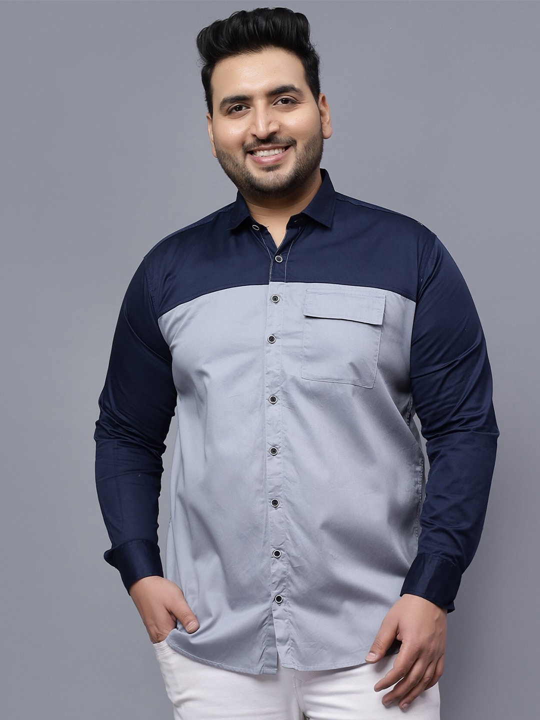 

Toodle Plus Size Comfort Colourblocked Cotton Satin Casual Shirt, Navy blue