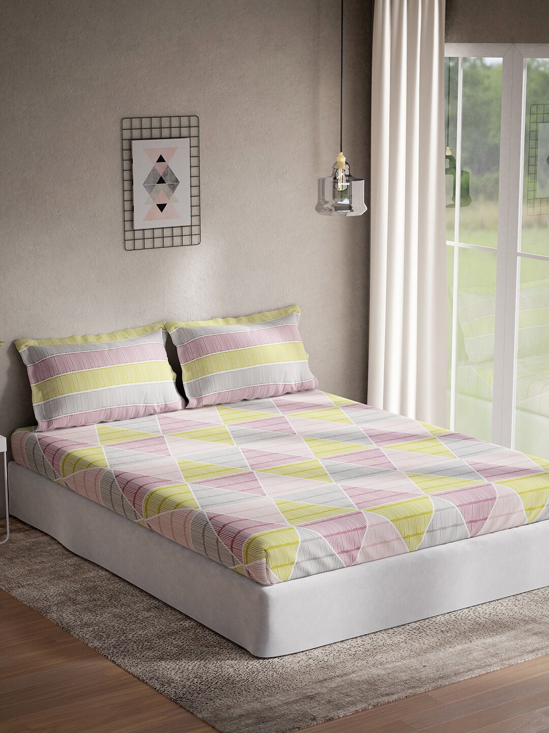 

DDecor Pink & Yellow Geometric Cotton 144 TC Queen Bedsheet With 2 Pillow Covers