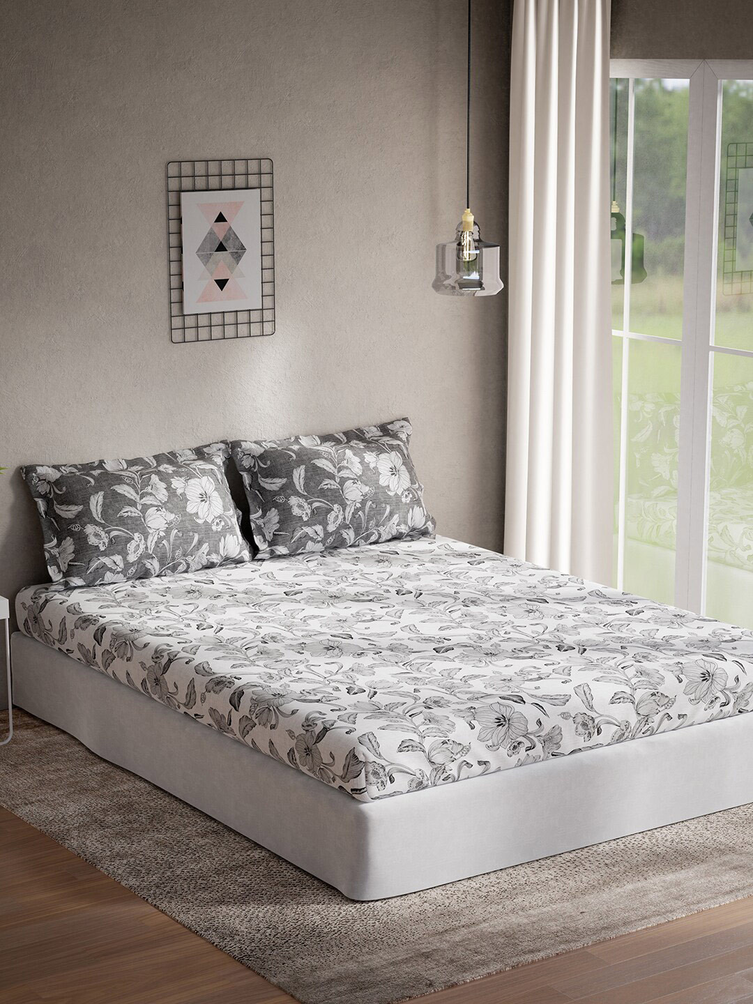 

DDecor Grey & White Floral Cotton 144 TC Queen Bedsheet With 2 Pillow Covers