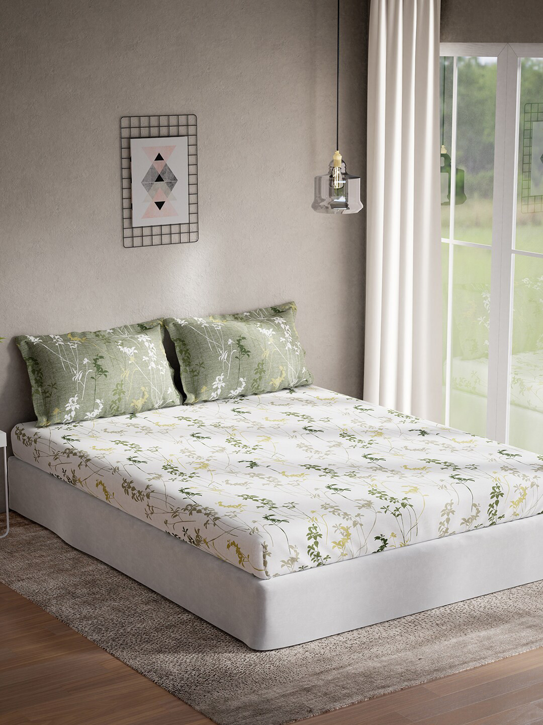 

DDecor White & Green Floral Cotton 144 TC Queen Bedsheet With 2 Pillow Covers