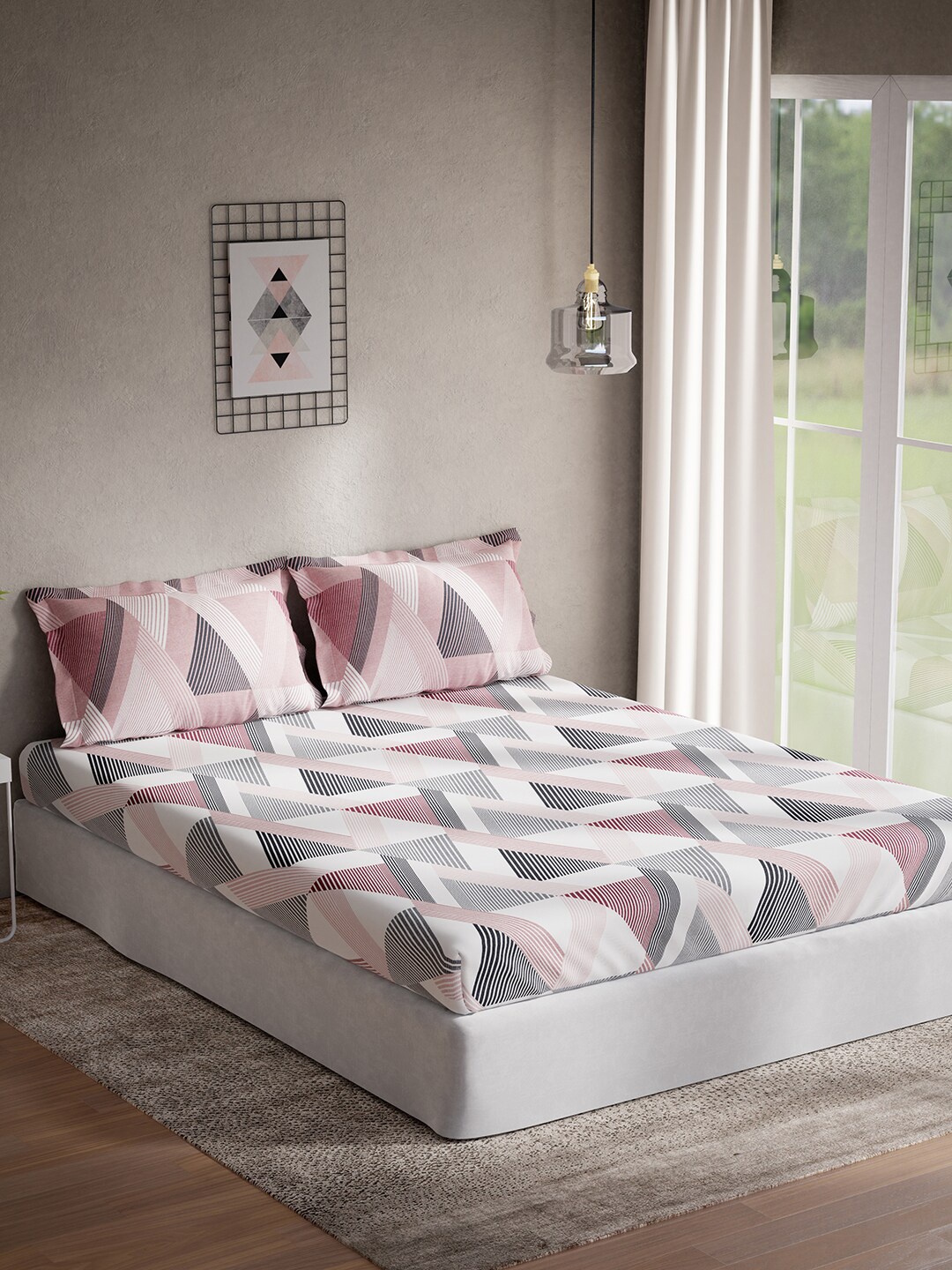 

DDecor Pink & White Geometric Cotton 144 TC Queen Bedsheet With 2 Pillow Covers