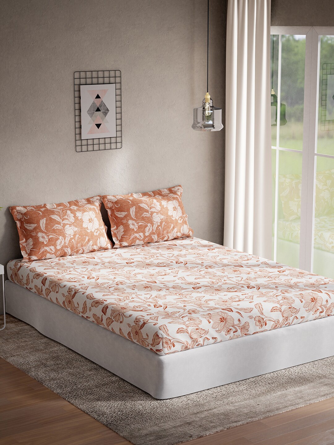 

DDecor Brown & White Floral Cotton 144 TC Queen Bedsheet With 2 Pillow Covers