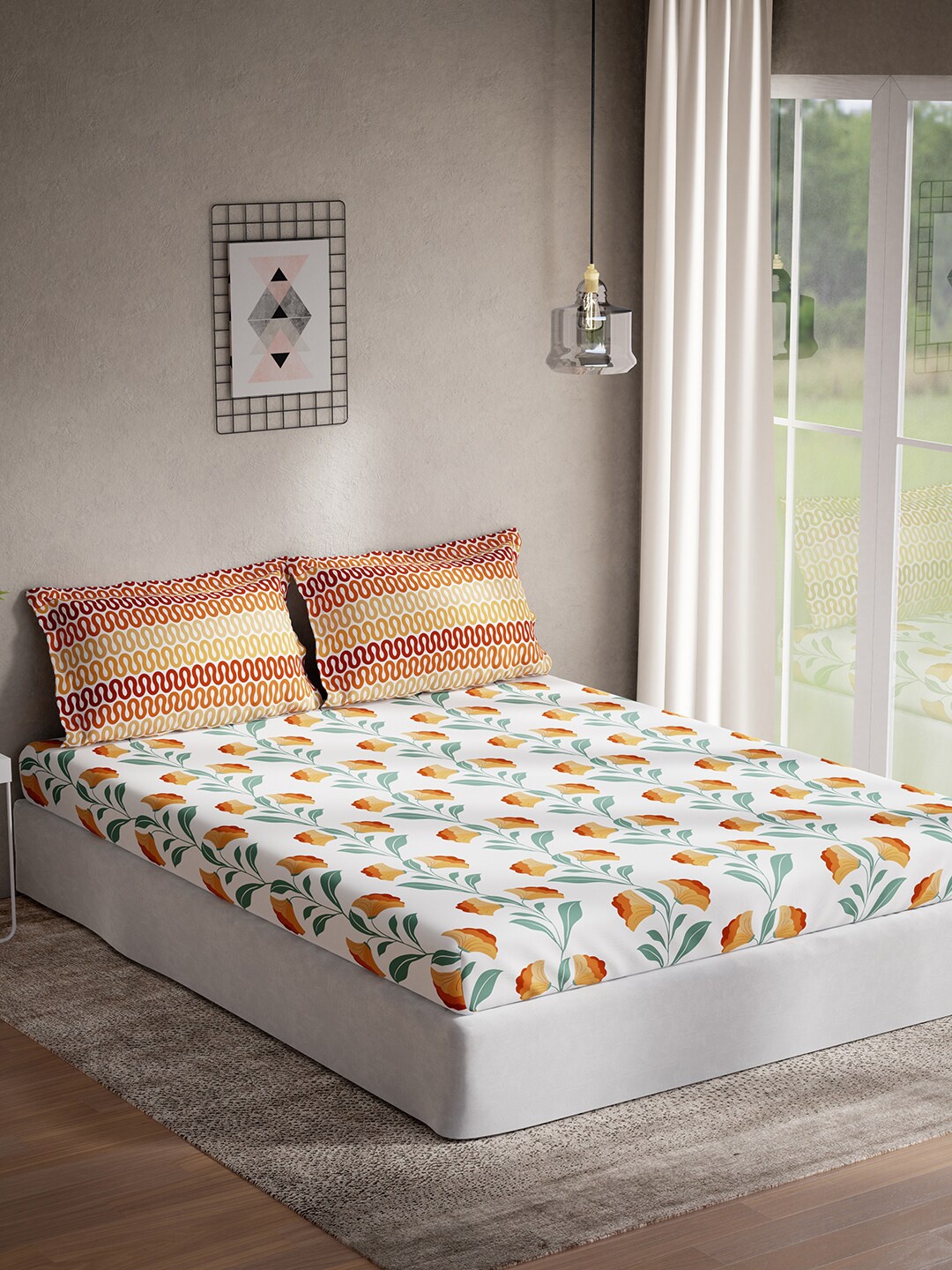 

DDecor Live Beautiful White & Orange Cotton 144 TC Queen Bedsheet with 2 Pillow Covers