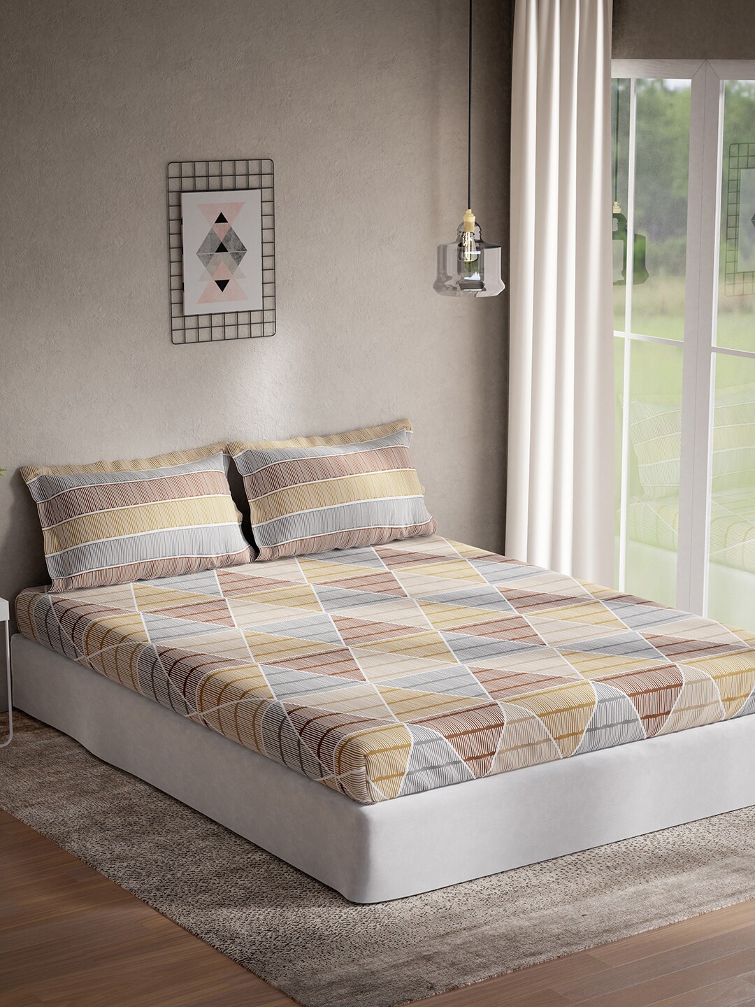 

DDecor Brown & Grey Geometric Cotton 144 TC Queen Bedsheet With 2 Pillow Covers