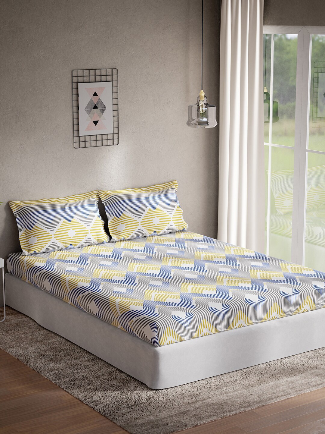 

DDecor Yellow & Blue Geometric Cotton 144 TC Queen Bedsheet With 2 Pillow Covers