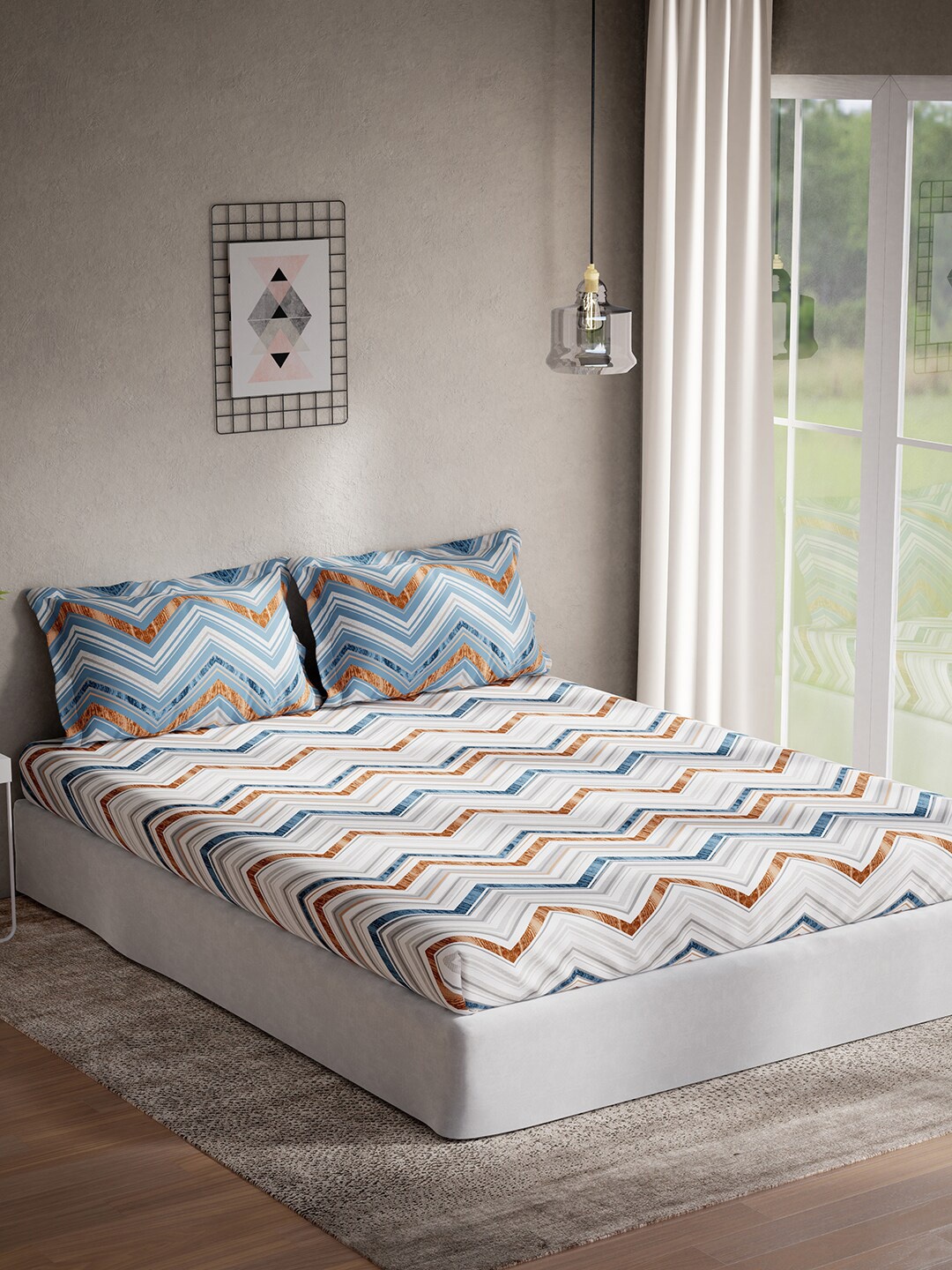 

DDecor Live Beautiful White & Blue Cotton 144 TC Queen Bedsheet with 2 Pillow Covers