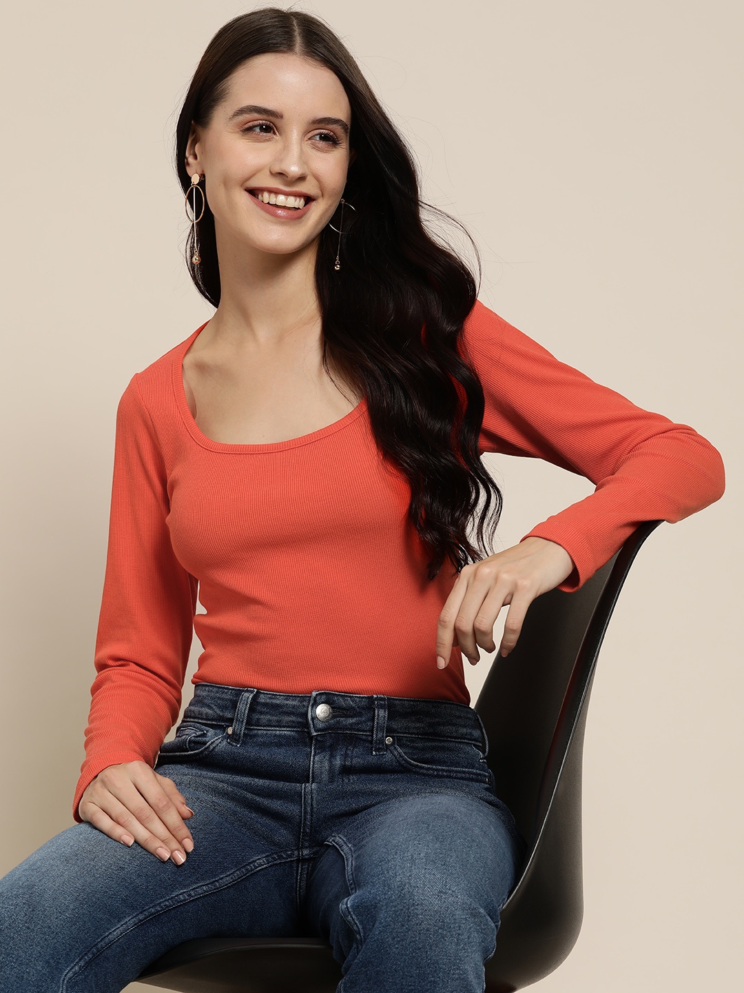 

HERE&NOW Long Sleeves Cotton Top, Orange