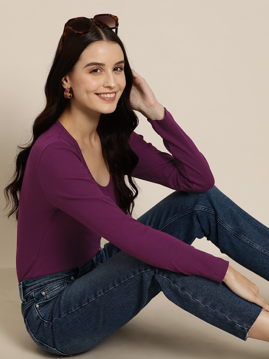 

HERE&NOW Long Sleeves Cotton Top, Purple