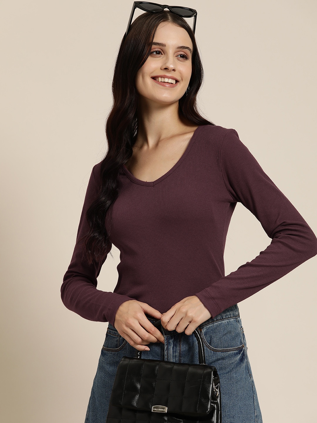 

HERE&NOW Long Sleeves Cotton Top, Burgundy