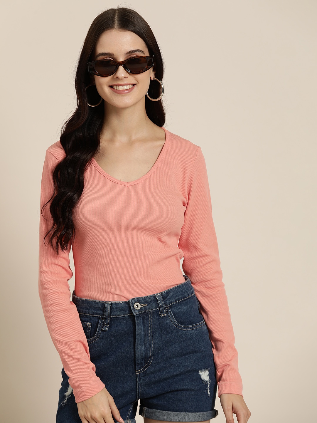 

HERE&NOW Long Sleeves Cotton Top, Peach