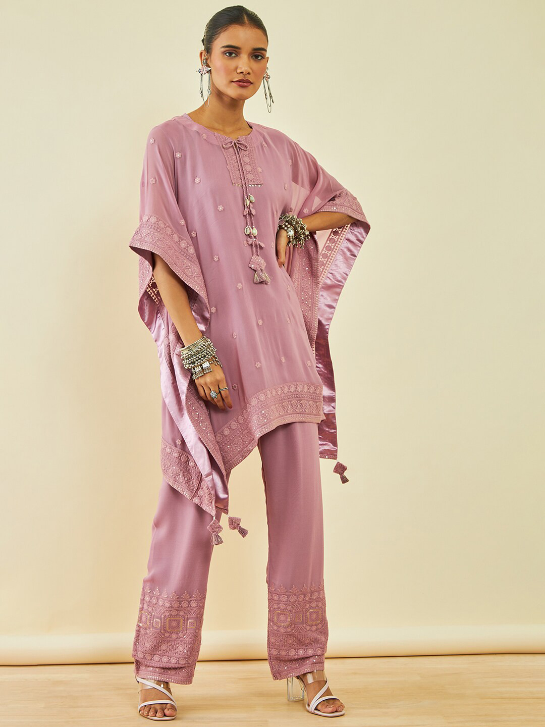 

Soch Pink Floral Georgette Kaftan Kurta Set