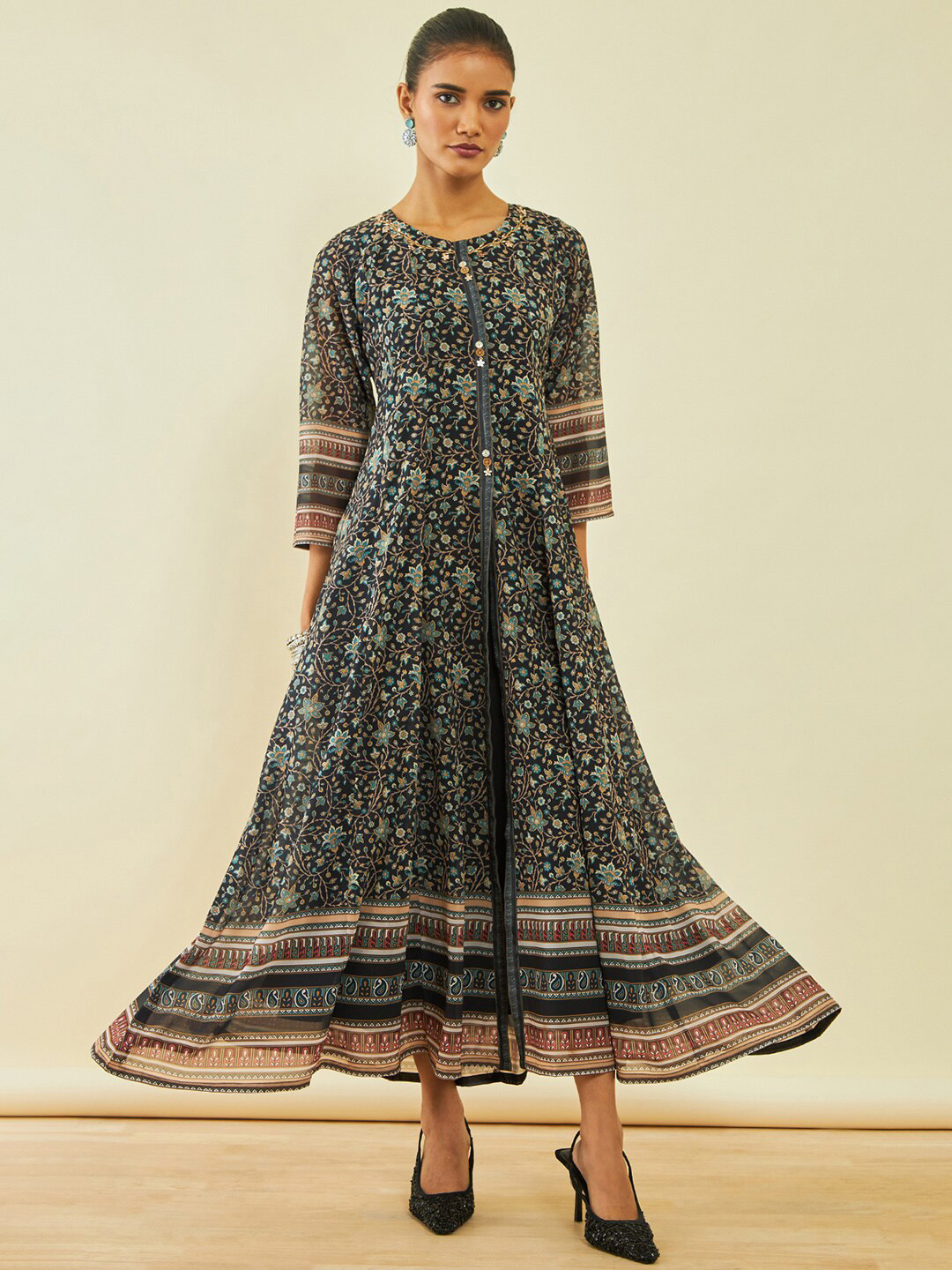 

Soch Ethnic Motifs Printed Georgette Maxi Ethnic Dresses With Long Length Jacket, Black