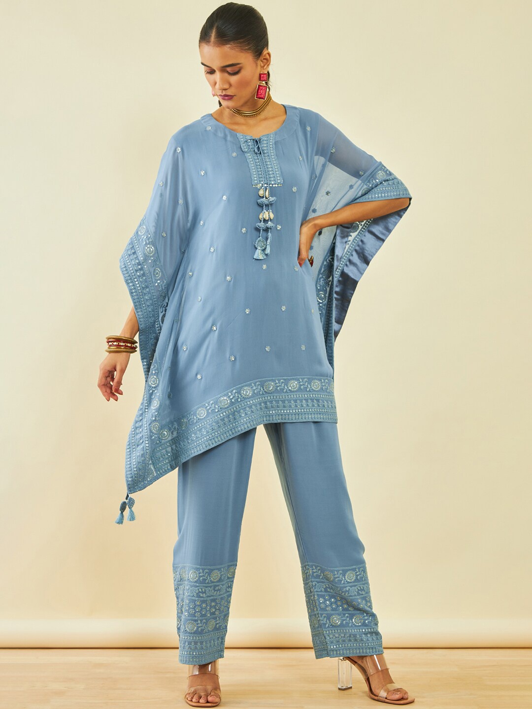 

Soch Embroidered Georgette Kaftan Kurta Set, Blue