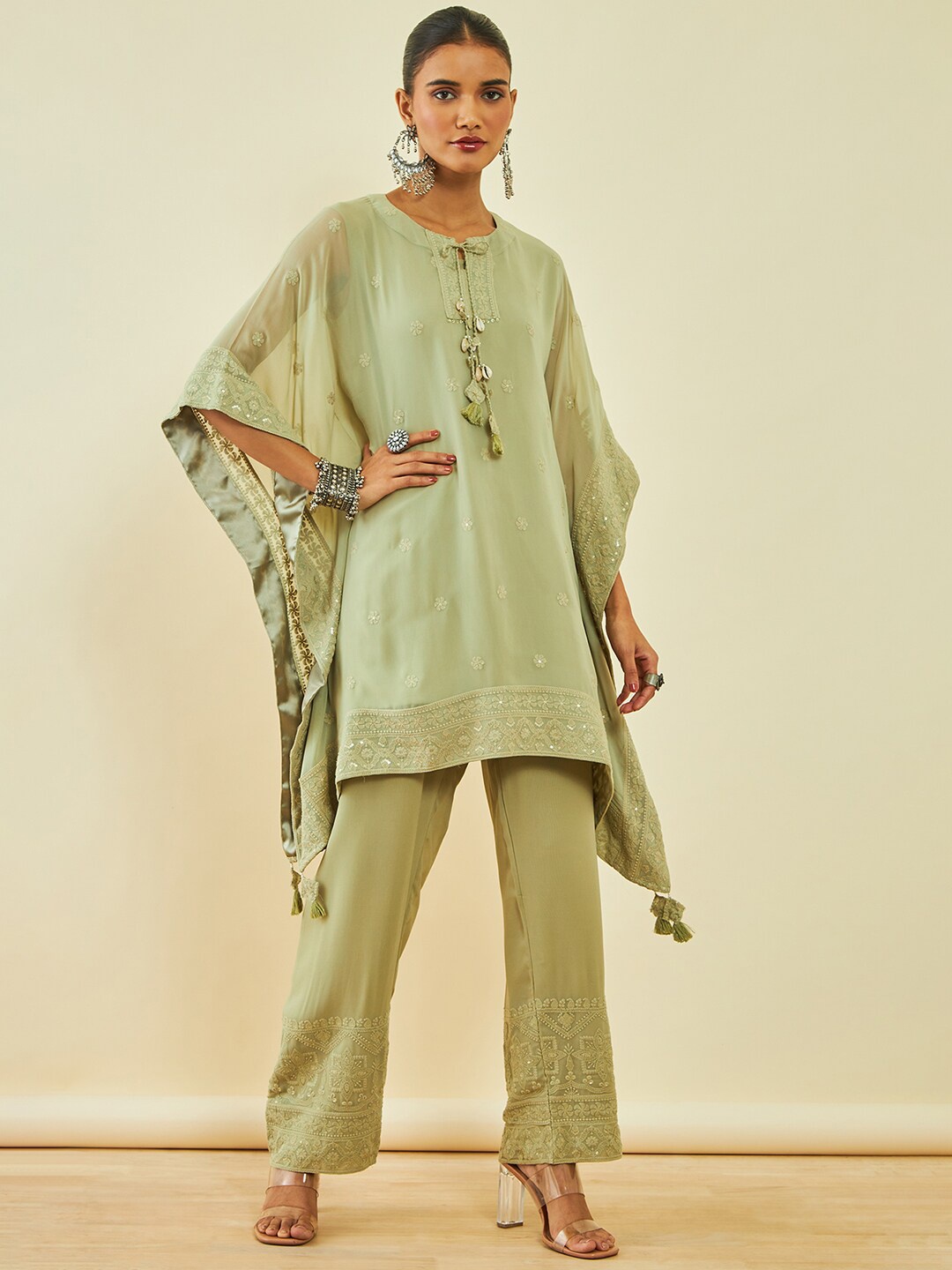 

Soch Embroidered Ethnic Motifs Kimono Sleeve Georgette Kaftan Kurta Set, Green