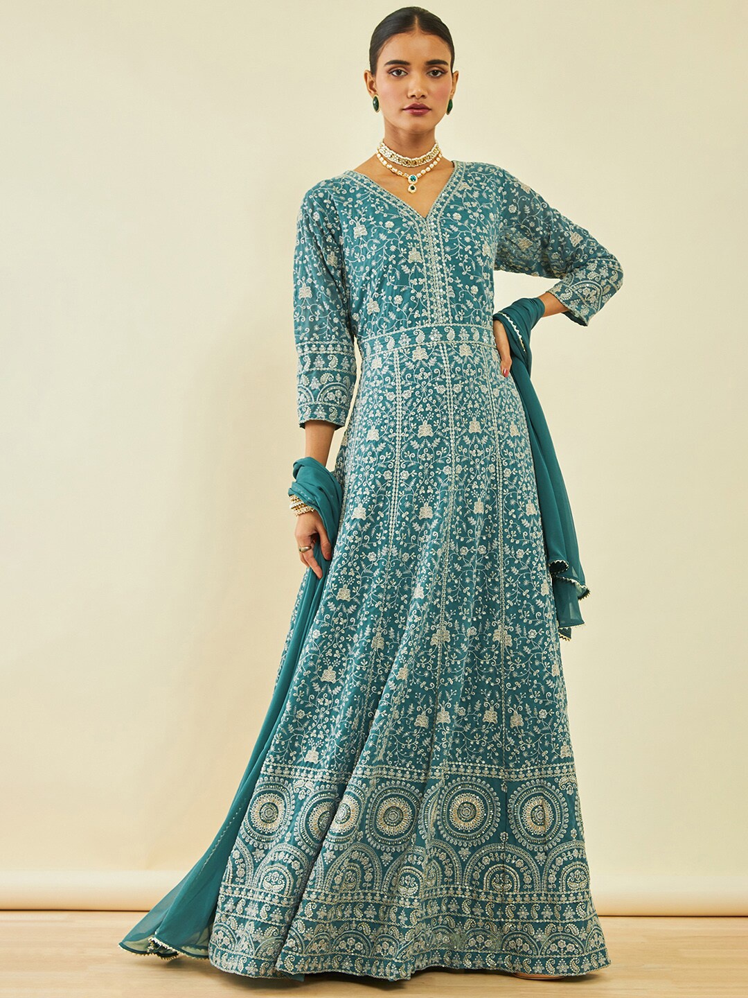 

Soch Ethnic Motifs Embroidered Georgette Kurta With Churidar & Dupatta, Teal