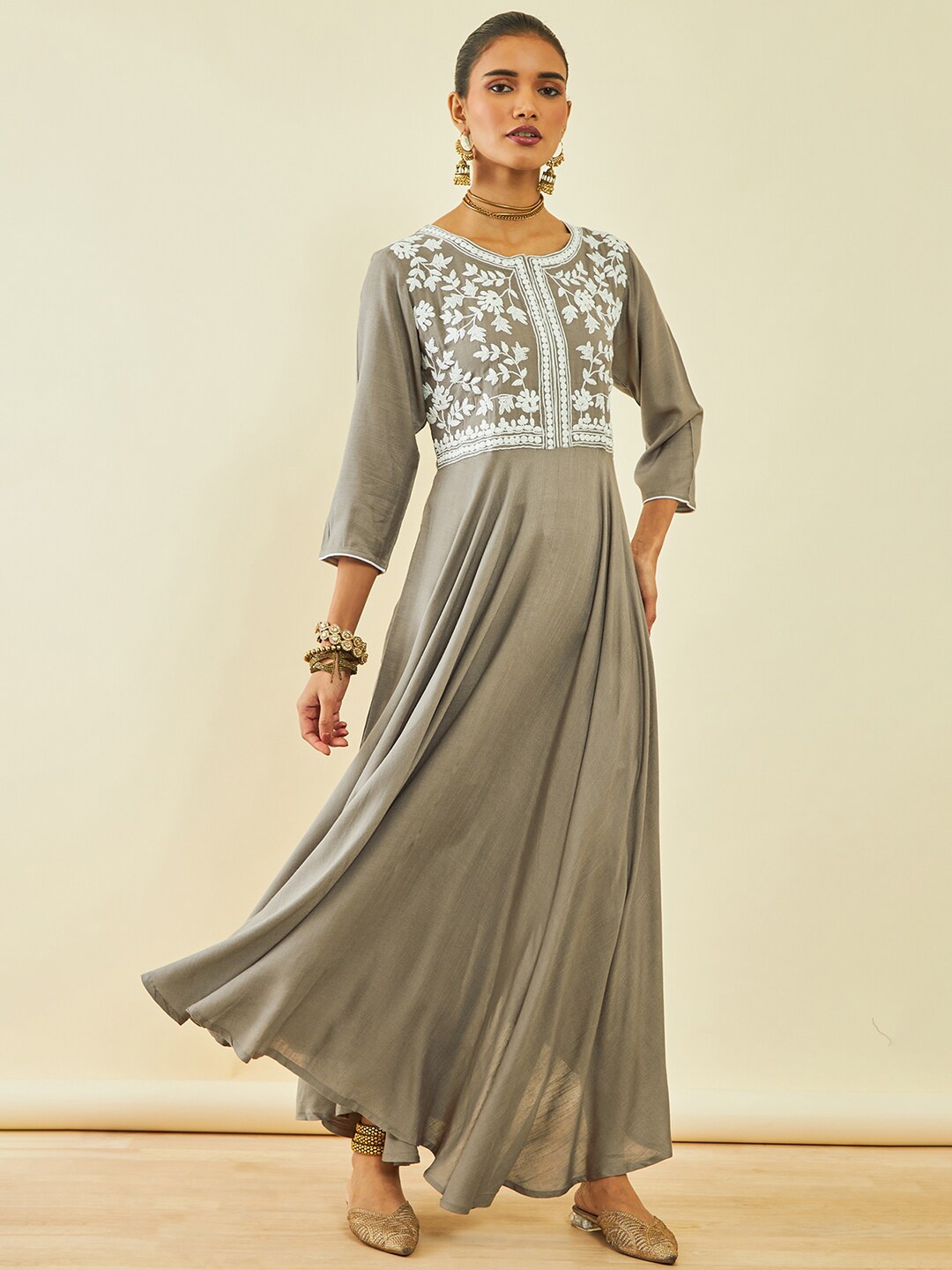 

Soch Floral Embroidered Round Neck Maxi Ethnic Dresses, Grey