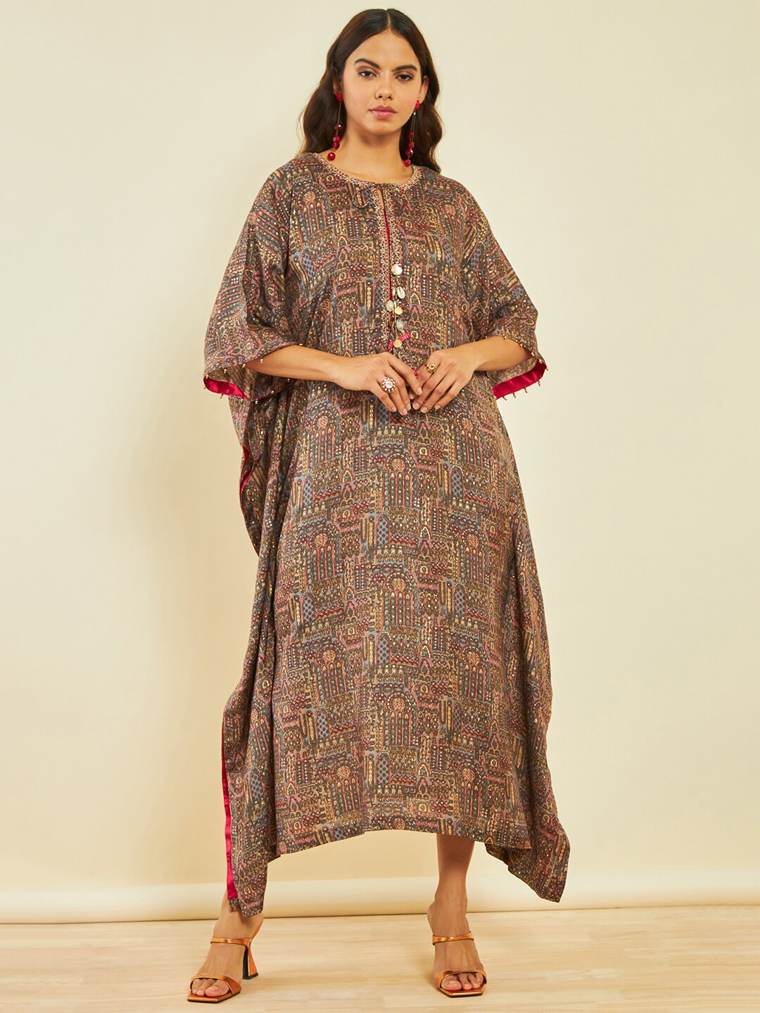 

Soch Floral Print Tie-Up Neck Kaftan Maxi Ethnic Dress, Grey