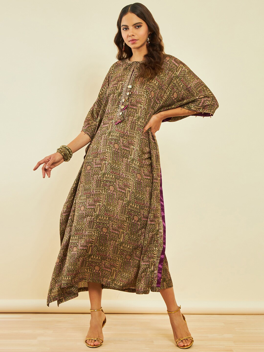 

Soch Ethnic Motifs Print Kaftan Maxi Ethnic Dress, Olive
