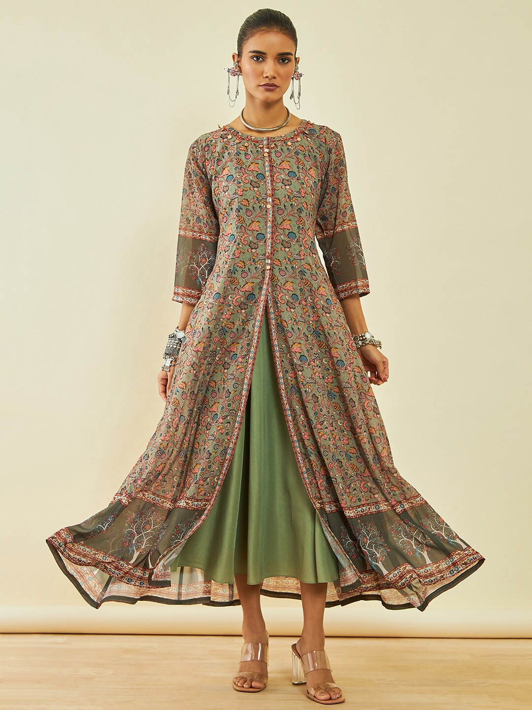 

Soch Green Ethnic Motifs Print Georgette Maxi Ethnic Dress