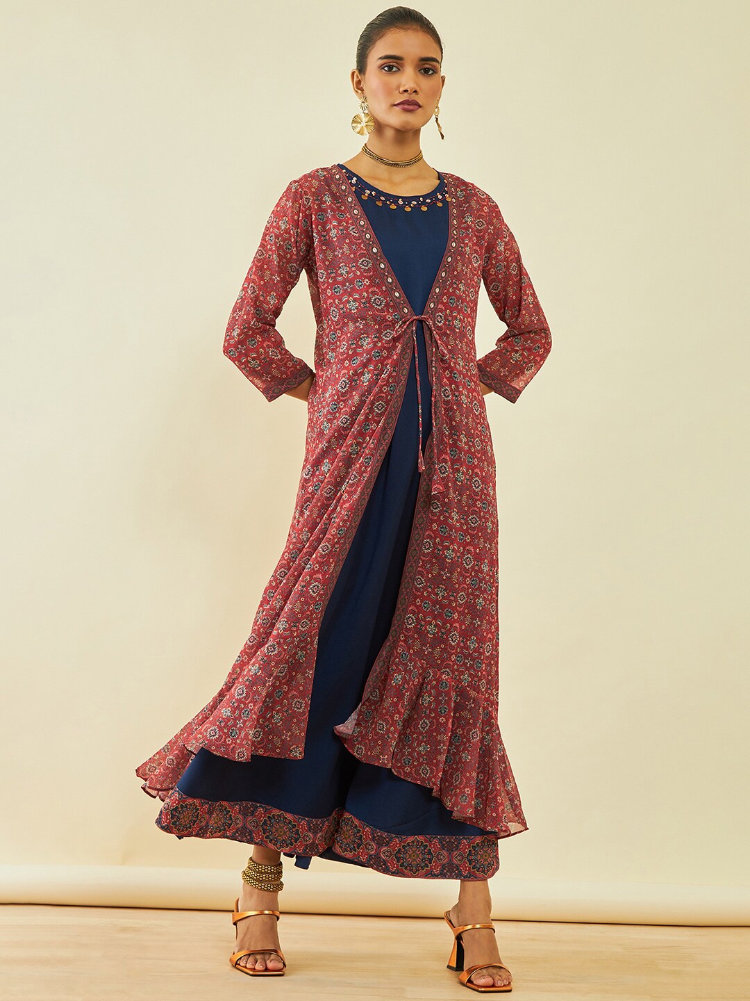 

Soch Round Neck Georgette A-Line Maxi Ethnic Dress With Shrug, Rust