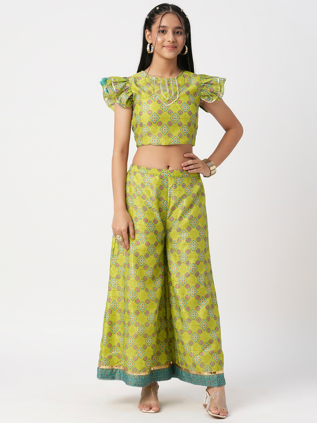 

LIL DRAMA Girls Floral Printed Round Neck Top with Palazzos, Green