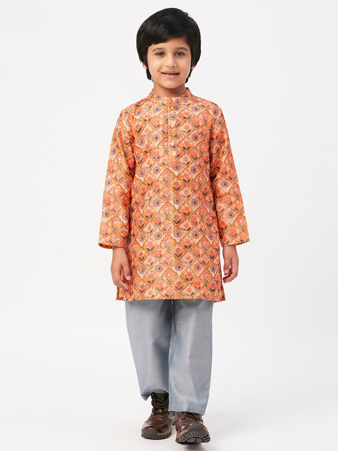 

LIL DRAMA Boys Floral Printed Regular Kurta with Trousers, Orange