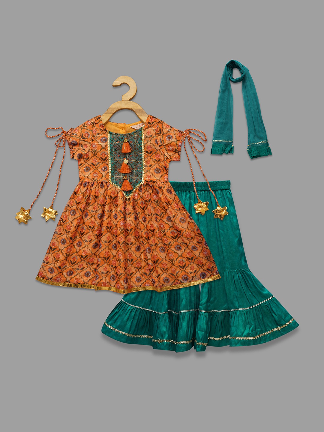 

LIL DRAMA Girls Ethnic Motifs Printed Gotta Patti A-Line Kurta & Sharara With Dupatta, Orange